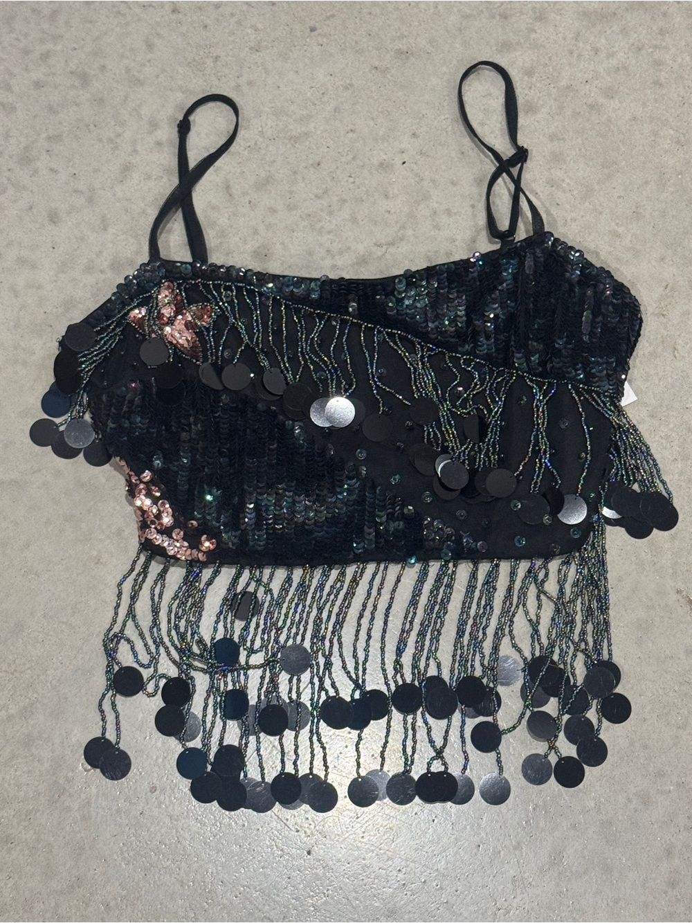 Black Sequin Fringe Crop Tank Top